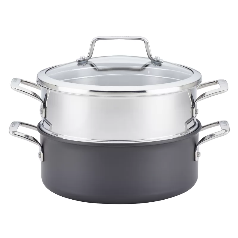 Anolon 81059 Authority Hard-Anodized Nonstick Covered Dutch Oven with Steamer Insert， 5-Quarts， Gray