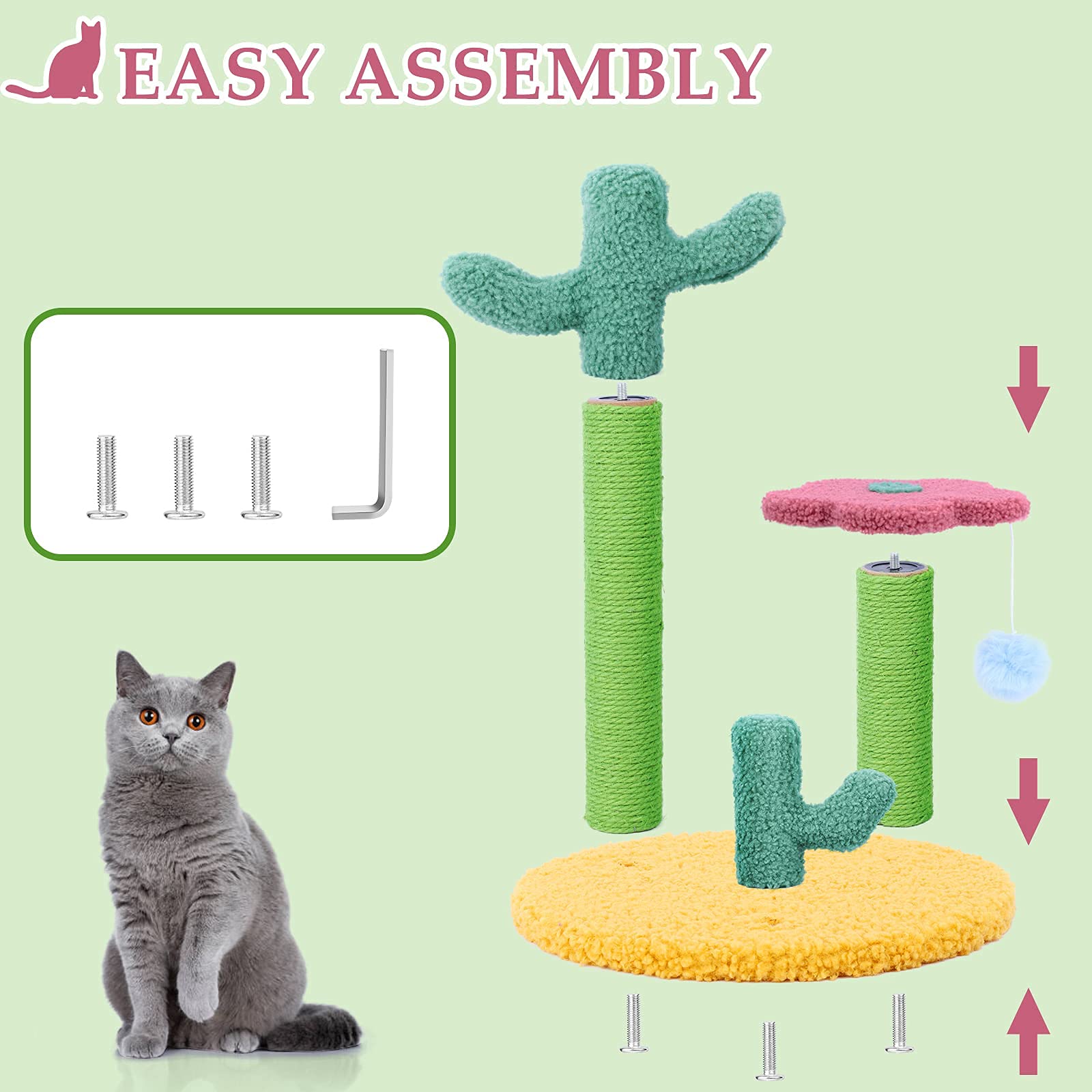 Cat Scratching Post， Sisal Cat Scratching Post with 3 Different Height Poles and Hanging Ball Cat Interactive Toy for Tiny Kitten Cats Indoor Climbing Playing， Gift for Kitten