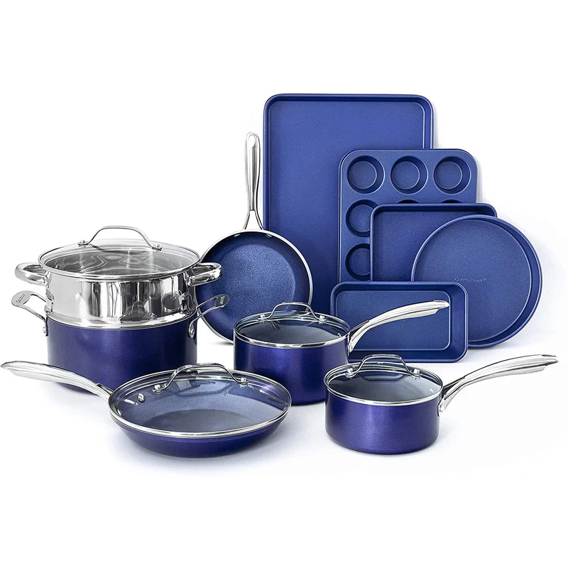 Granitestone 7522 Classic Blue 15-Piece Aluminum Ultra-Durable Non-Stick Diamond Infused Cookware and Bakeware Set