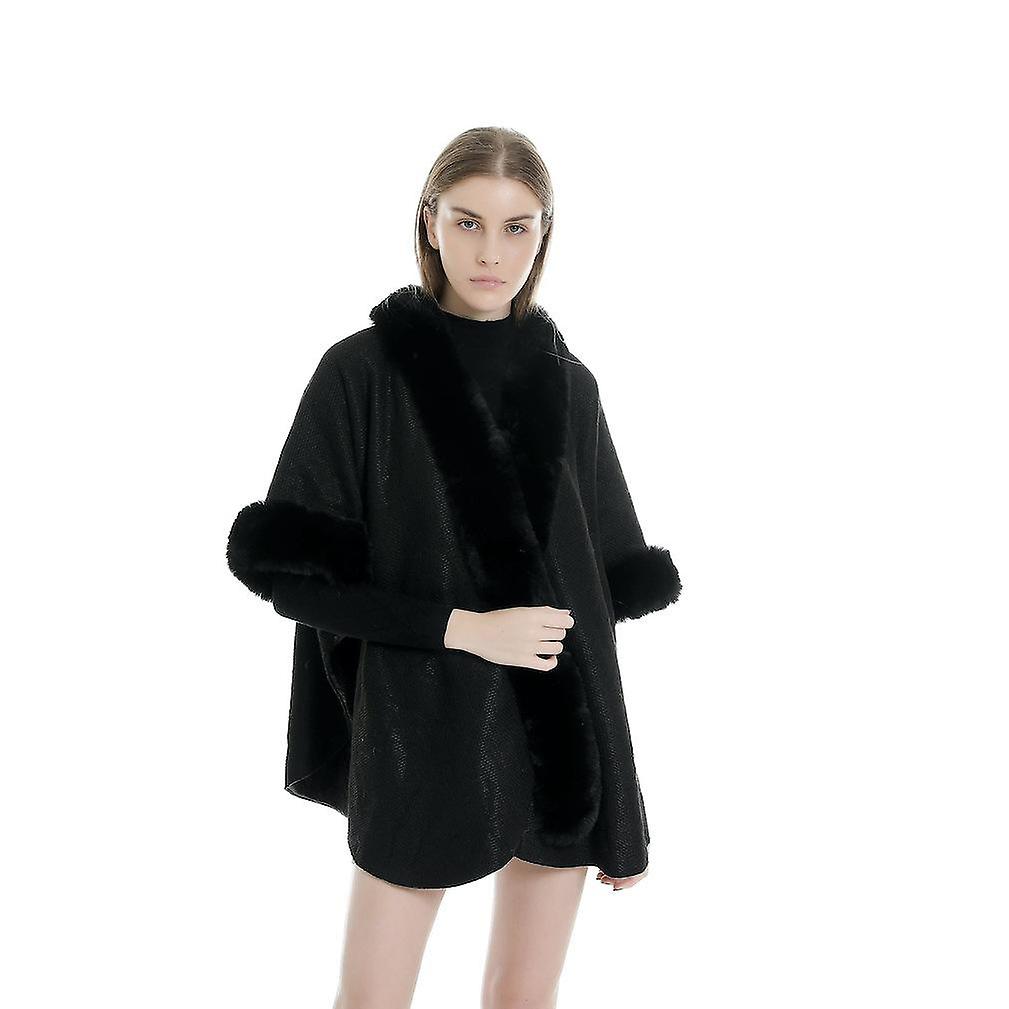 Winter Cape With Faux Fur Collar Open Front Poncho Thciken Cardigant For Lady