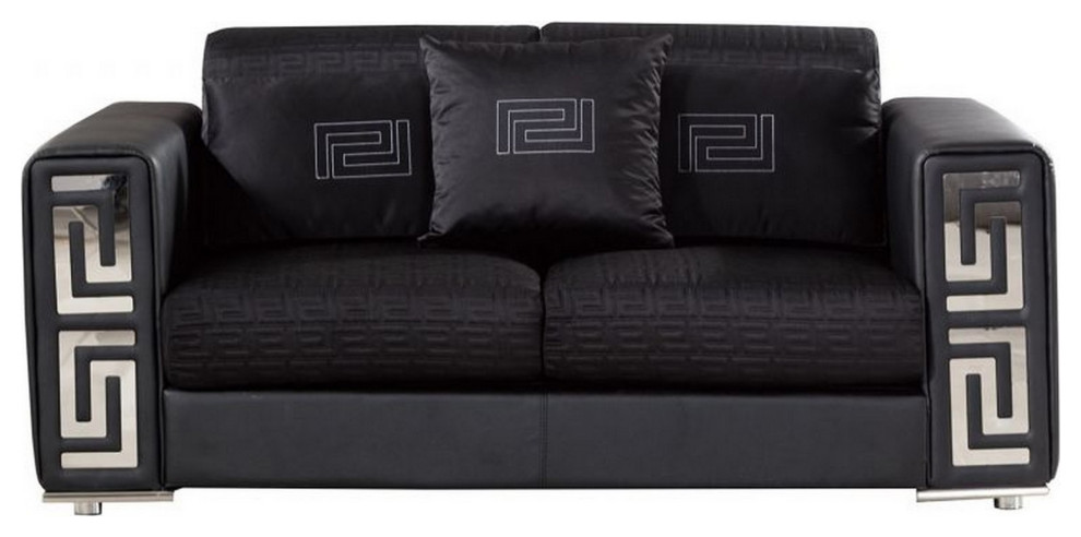 Faux Leather Loveseat With Pillows And Track Arms  Black And Chrome   Contemporary   Loveseats   by VirVentures  Houzz