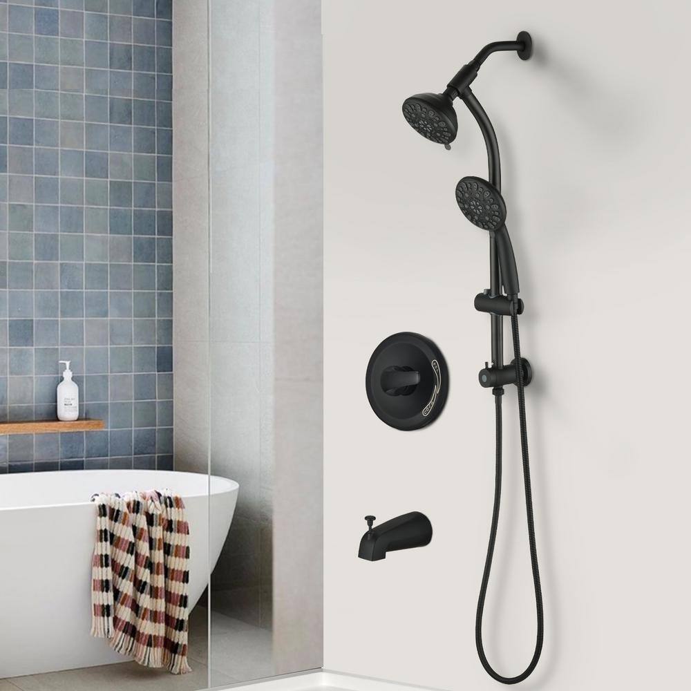 YASINU Single-Handle 7-Spray Settings Round Dual Shower Heads High Pressure Tub Shower Faucet in Matte Black (Valve Included) YNAH437MB