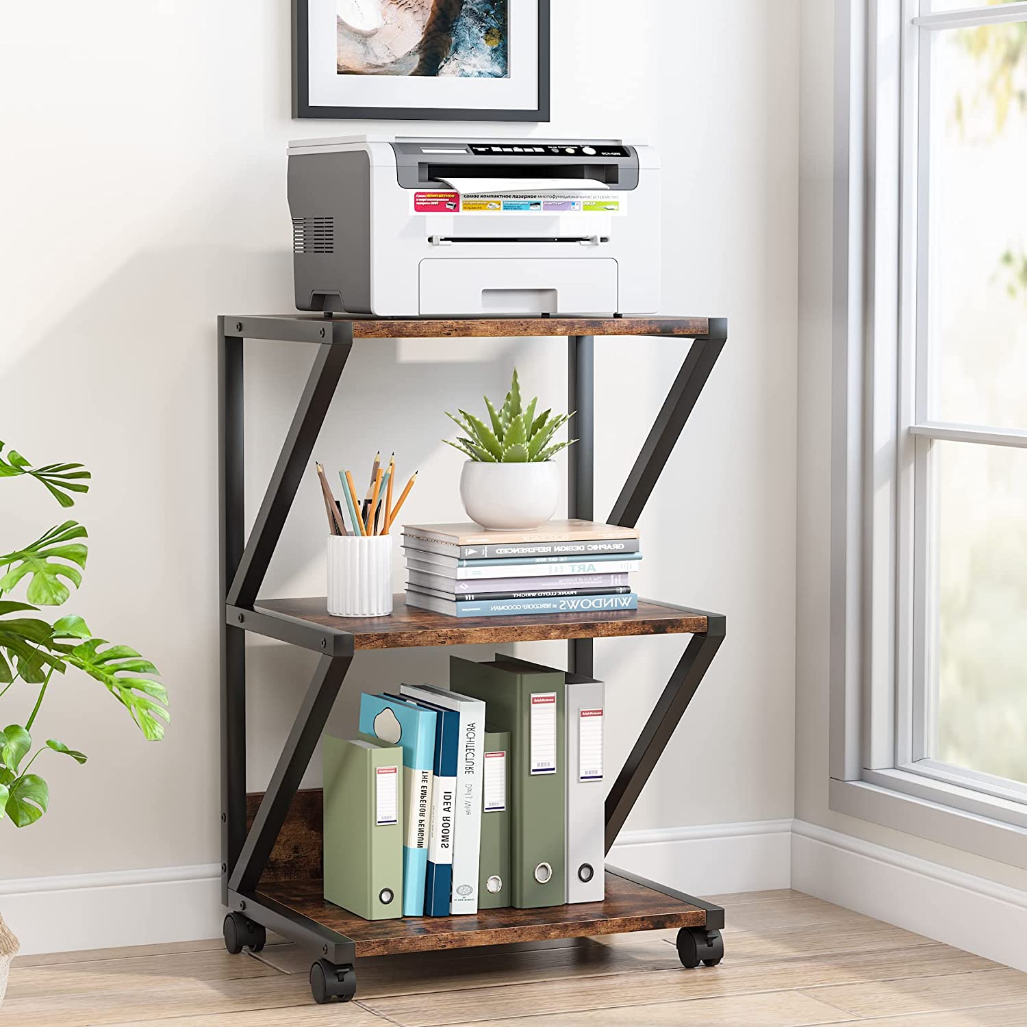 3-Tier Printer Stand, Rolling Printer Cart Under Desk Storage Shelf