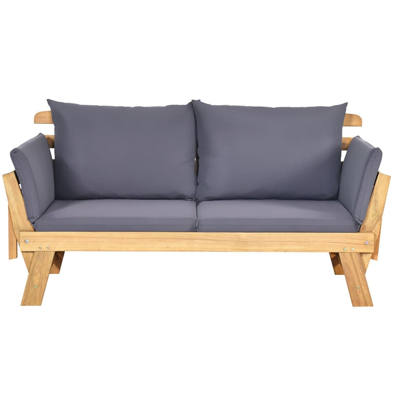 Outdoor Daybed Acacia Wood Convertible Couch Sofa Bed with Adjustable Armrest & Cushion