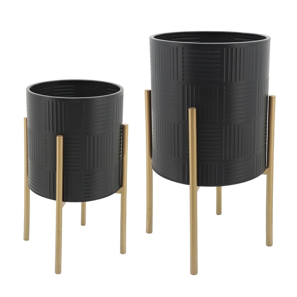 Black Iron Metal Planters with Gold Metal Stands (Set of 2)   14.0\