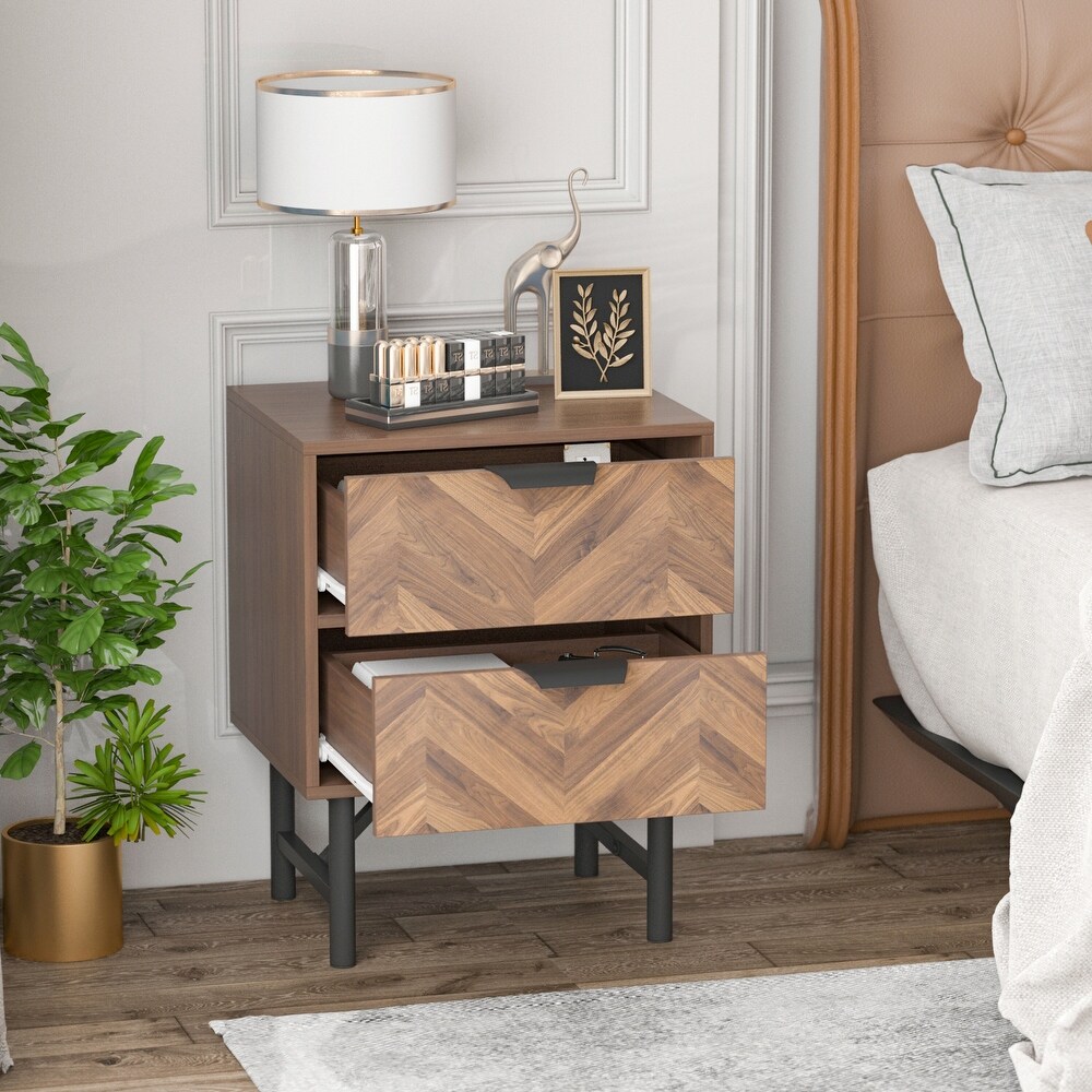 Kerrogee 2 Drawer Nightstand with Metal Leg   Bedside Table   Brown