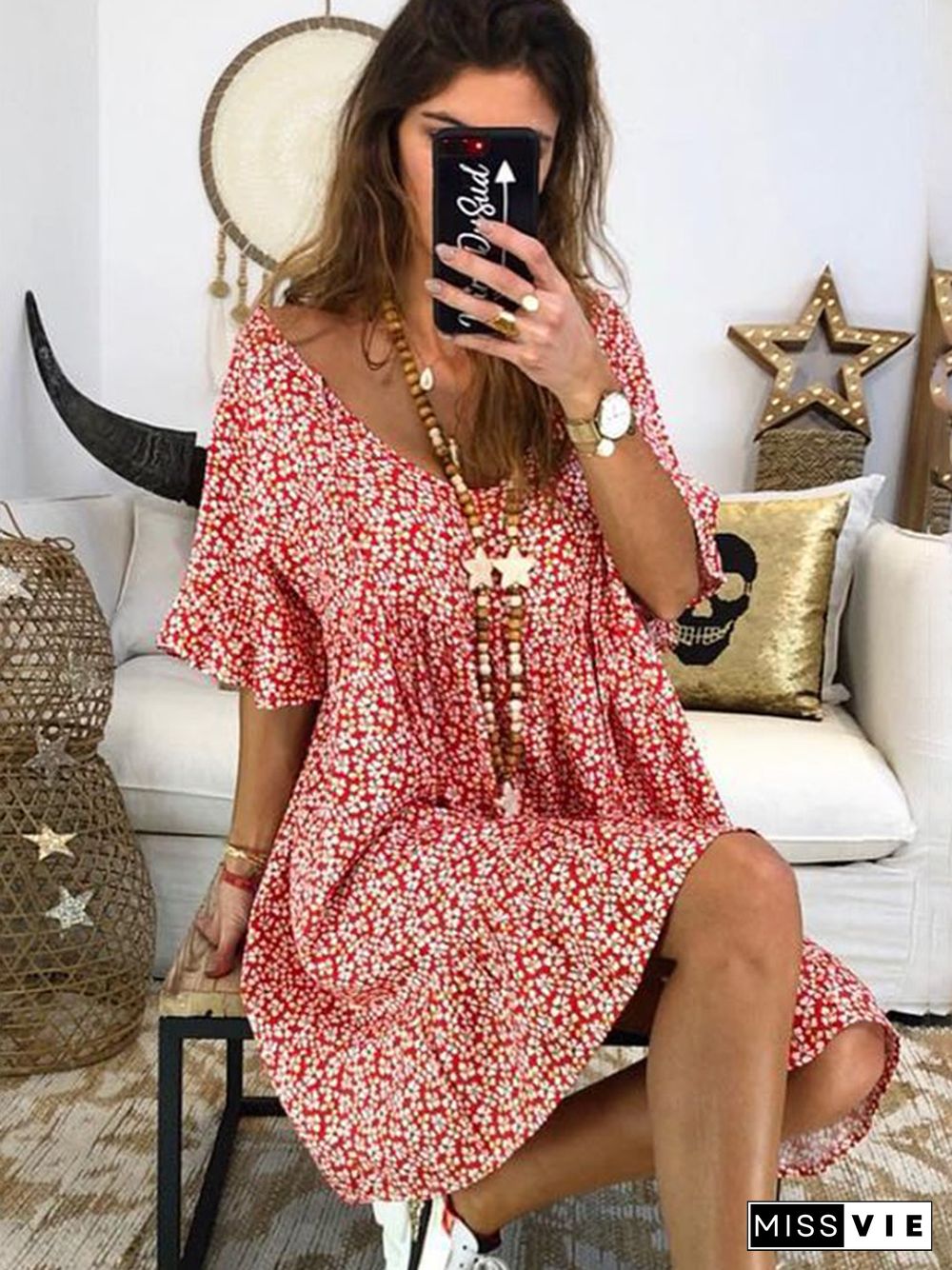 Women Boho Cotton Floral Printed V Neck Weaving Dress