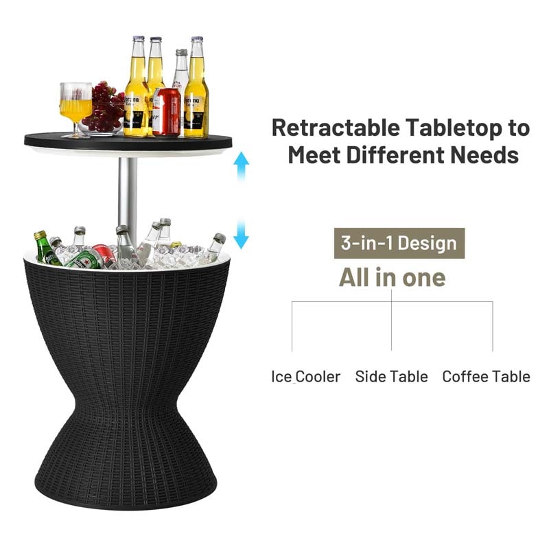 3-in-1 Rattan Outdoor Patio Bar Side Table with Ice Bucket, 8 Gallon Ice Cooler Wine Cocktail Table for Deck Pool Party