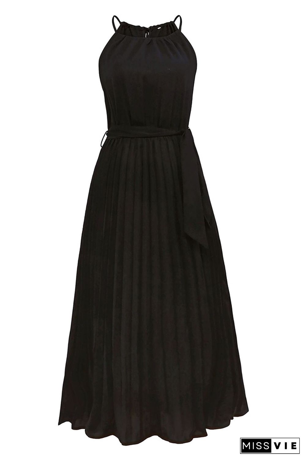 Plain Halter Pleated Maxi Dress With Sash