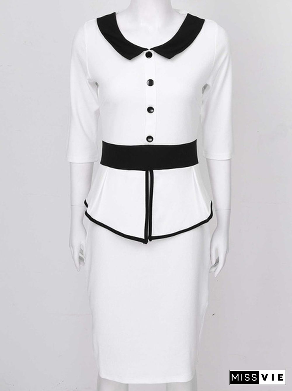 Office Ladies Attire Work Office Dresses One-Piece Round Ruffle Lapel Collar 3/4 Sleeve Slim Bodycon Pencil Outfits