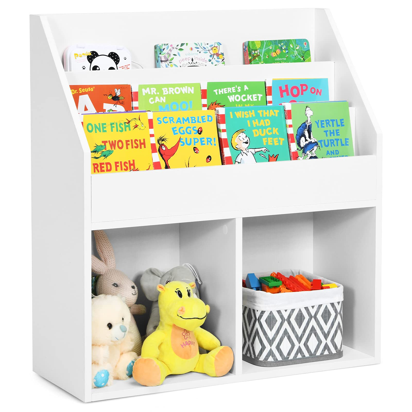 Costzon Kids Bookshelf, Wooden Toy Storage Cabinet Organizer Holder w/Shelves & 2 Large Cubes