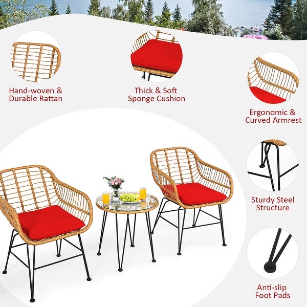 Costway 3PCS Patio Rattan Bistro Furniture Set Cushioned Chair Table