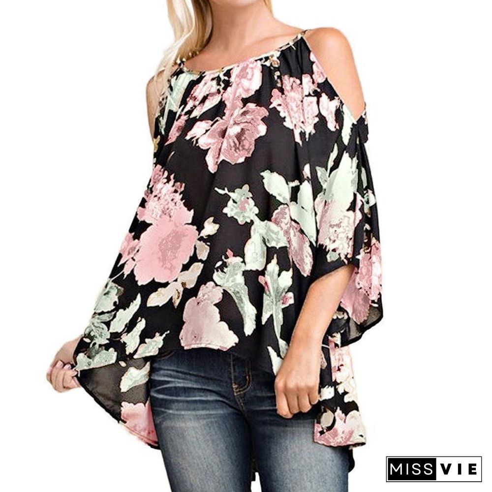 Women Off Shoulder Shirts Boho Floral Print Tunic Plus Size Blouse Shirt