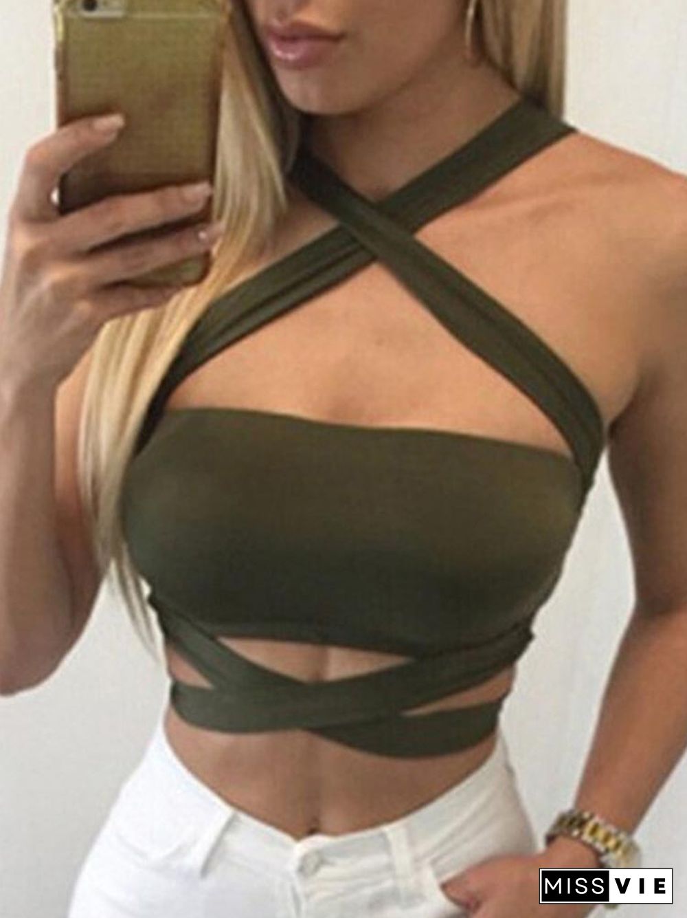 Women Summer Sexy Criss Cross Halter Bandage Crop Top Tank Cut Out Bustier Cami