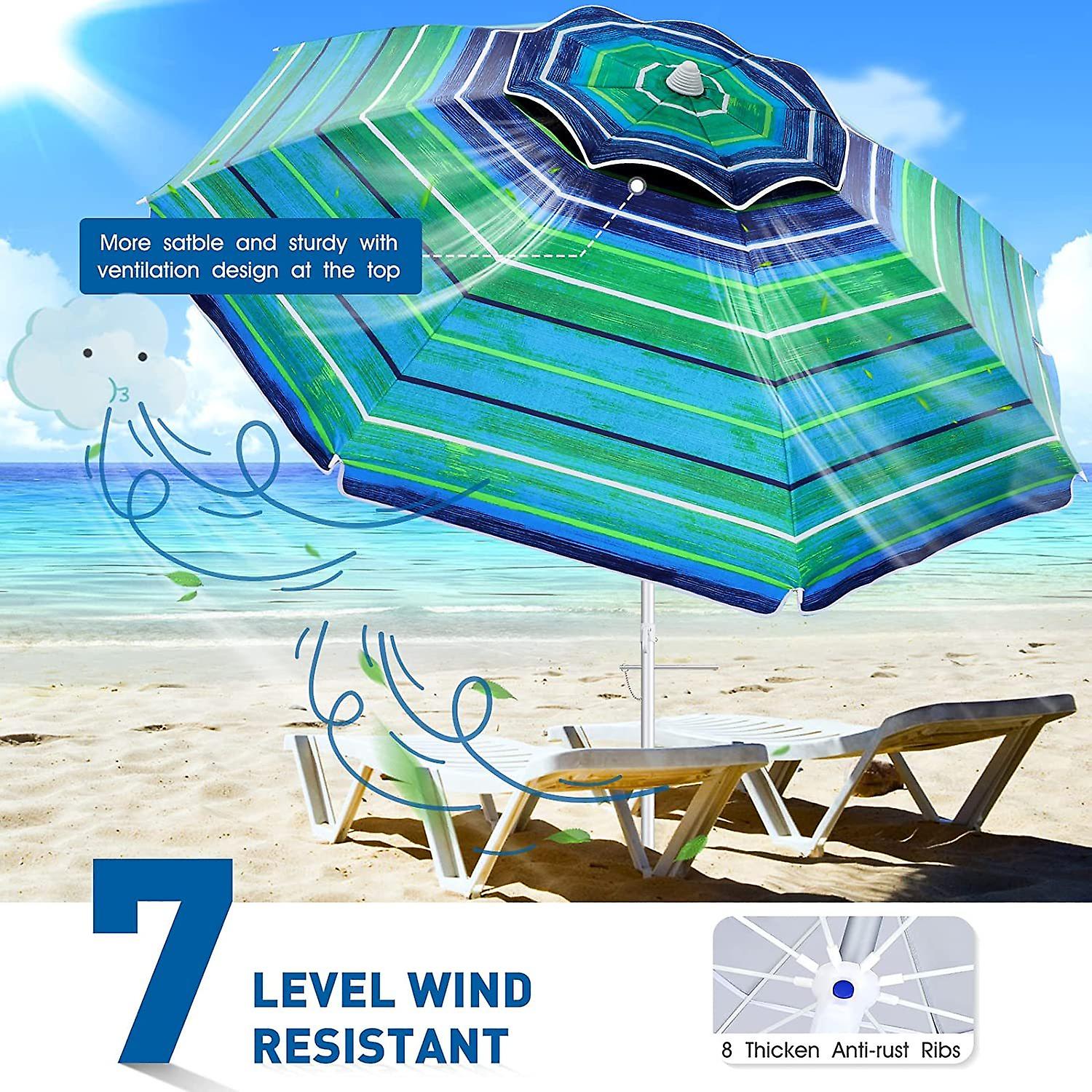 Portable Beach Sand Umbrella Outdoor: 7ft Arc Length 6.5ft Diameter Uv 50+ Large Heavy Duty Wind Proof Umbrella With Anchor And Adjustable Tilt Pole -