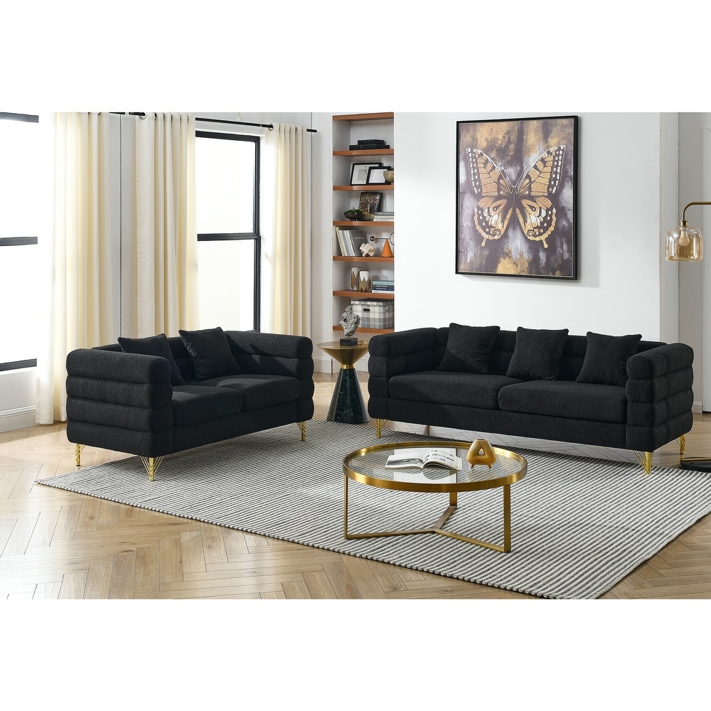 Black Teddy Upholstered Sofa Set with Pillows  3 Seater + Loveseat