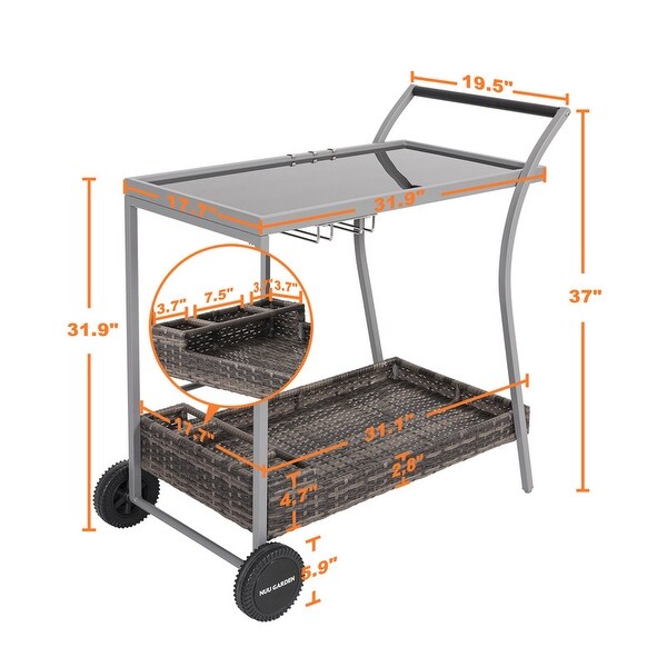 Outdoor 2Tier Wicker Bar Cart on Wheels with Tempered Glass Board