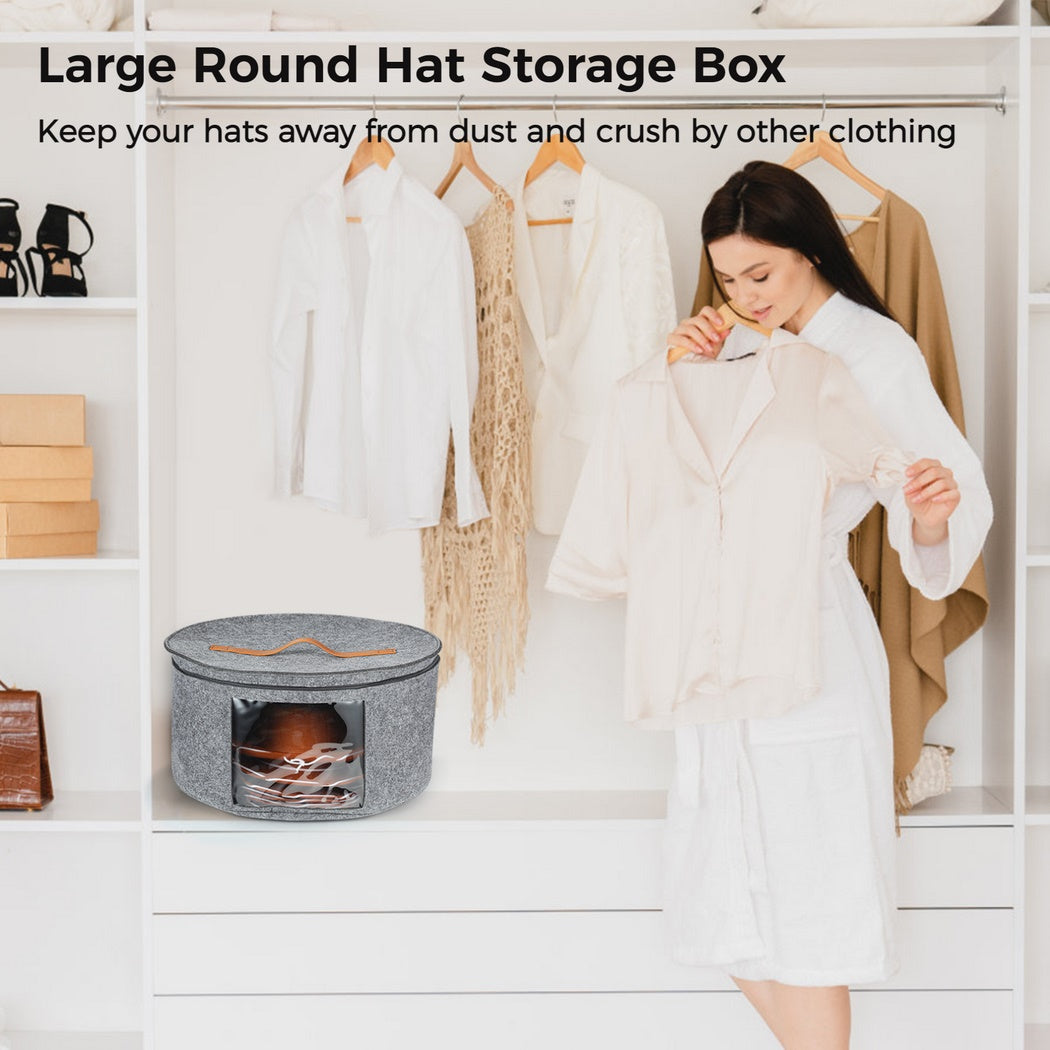 Large Round Hat Storage Box, 17x17x10in Hat Travel Case with Handle Foldable Felt Storage container with Zipper Lid for Women Storage