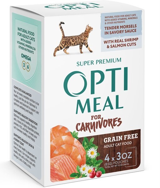 Optimeal Grain-Free Tender Morsels With Real Shrimp and Salmon In Savory Sauce Recipe Wet Cat Food， 3-oz pouch， case of 24