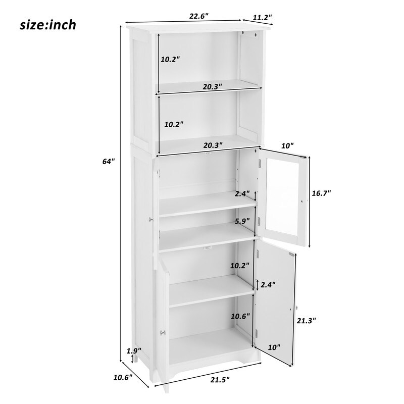 Wooden Freestanding Tower Cabinet Tall Bathroom Storage with Shelves and Doors