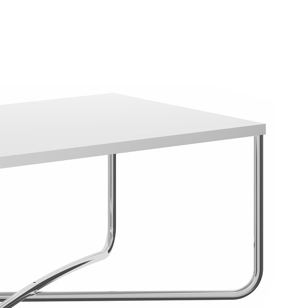 35 Inch Modern Coffee Table with Rectangular Top and Steel Cross Base for iving Room， Home， Office， White， Chrome