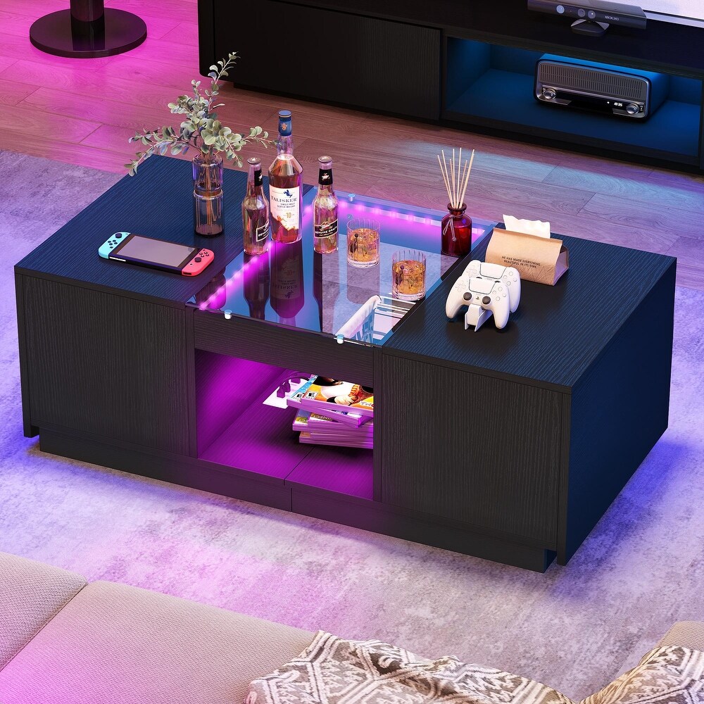 Modern Wood Coffee Table with Storage Drawers and LED Lighting