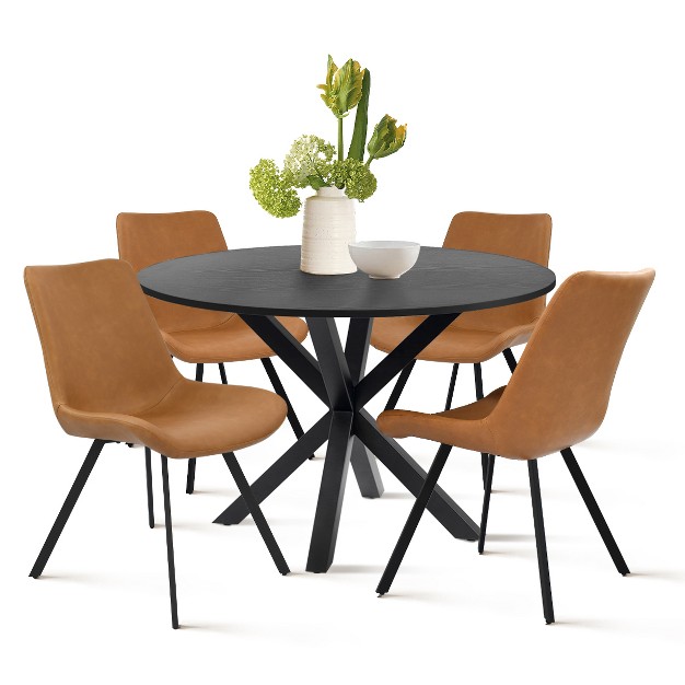 Oliver kourtney 5 piece Solid Black Round Dining Table Set With Faux Leather Dining Chairs Set Of 4 With Black Legs the Pop Maison