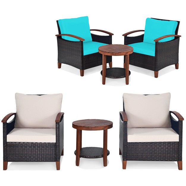 Costway 3pcs Patio Wicker Sofa Set Acacia Wood Frame With Beige amp turquoise Cushion Covers