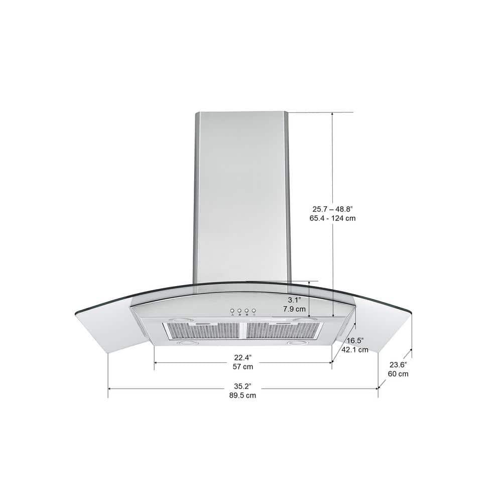 Ancona IGCC636 36 in 620 CFM Convertible Island Glass Canopy Range Hood with LED Lights in Stainless Steel