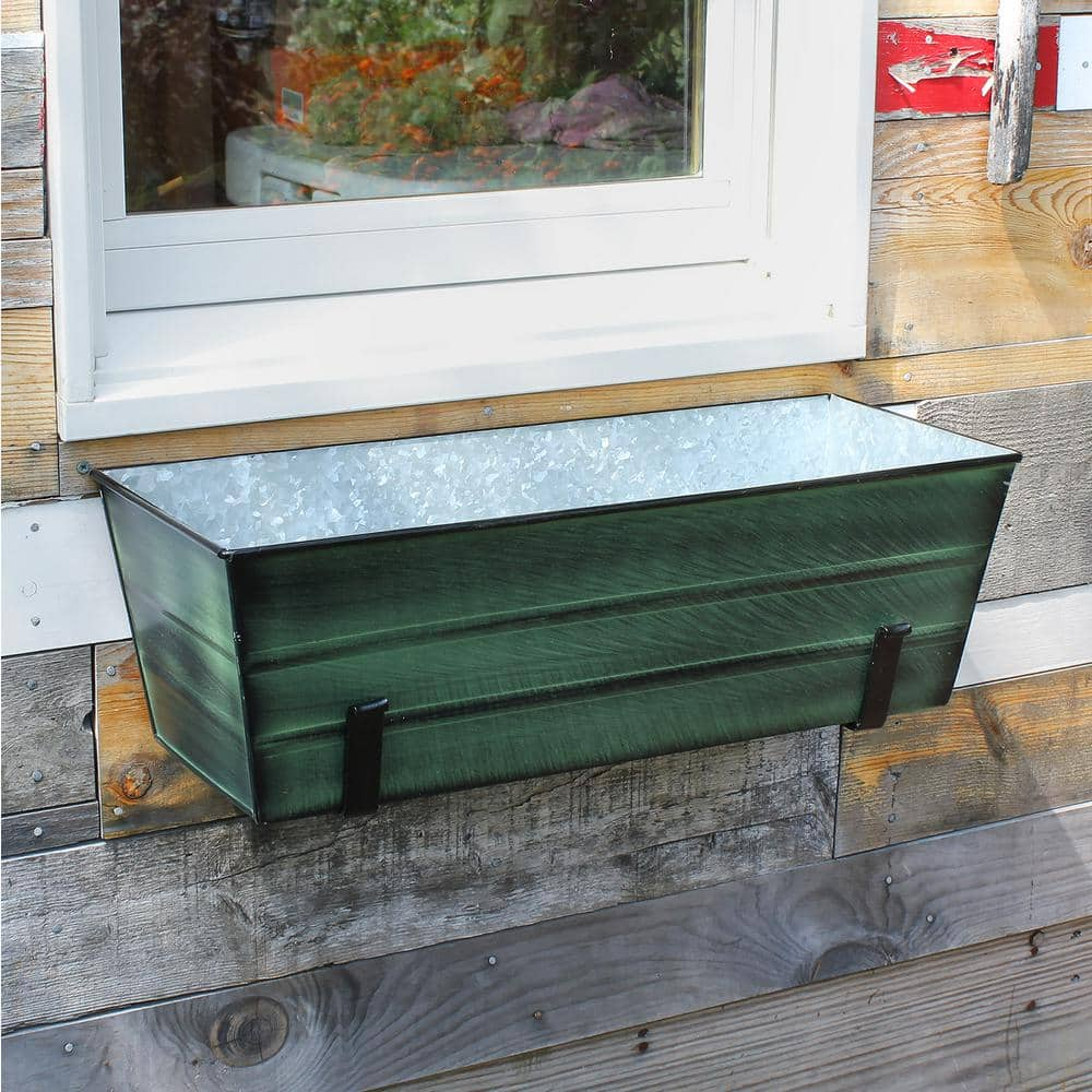 ACHLA DESIGNS 24 in. W Green Medium Galvanized Steel Flower Box with Wall Brackets VFB-05-WM