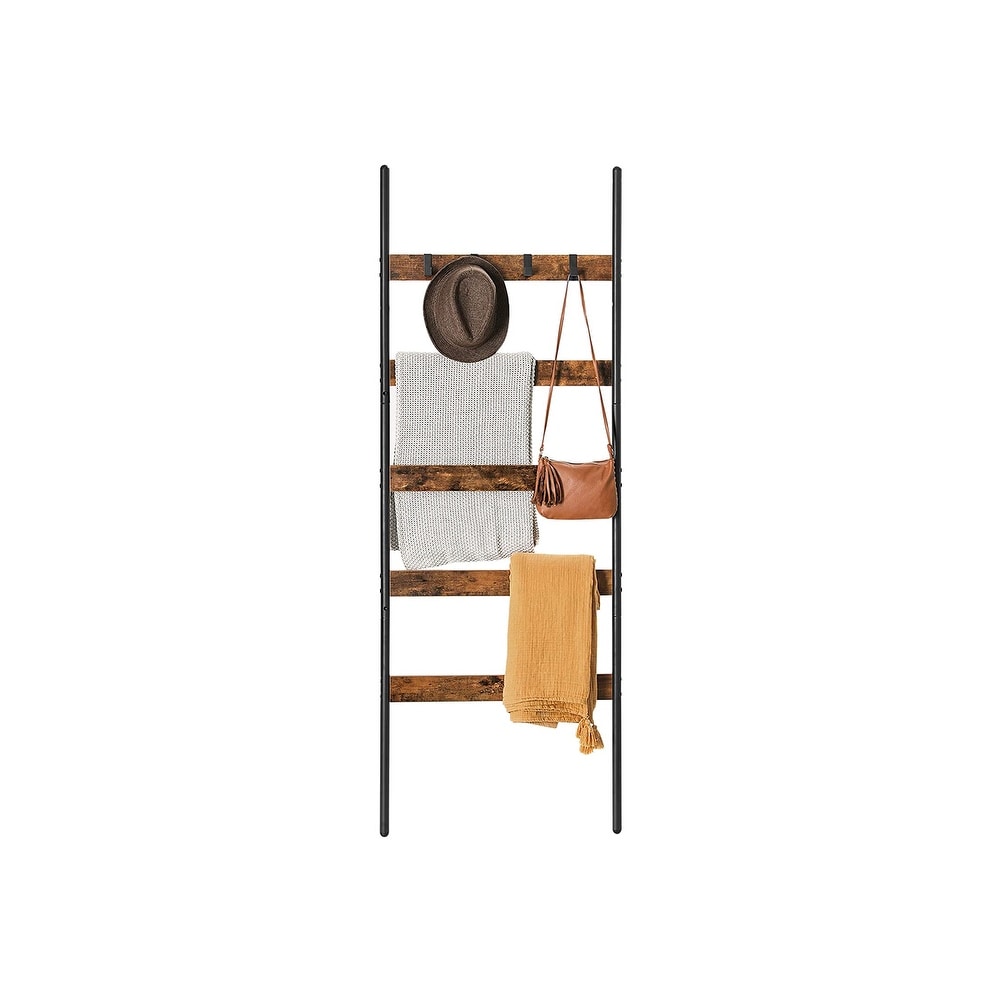 5 Tier Blanket Ladder Shelf  Wall Leaning Rack with 4 Hooks  Steel Frame  23.6 Inch Wide  for Blankets  Scarves