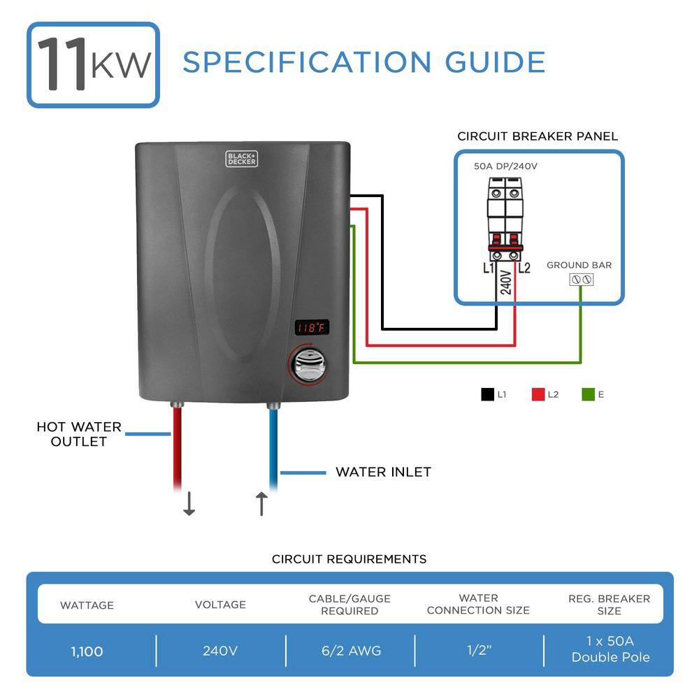 BLACK+DECKER 11 kW 1.99 GPM Residential Electric Tankless Water Heater Ideal for 1 Shower or Up to 2 Simultaneous applications BD-11HD