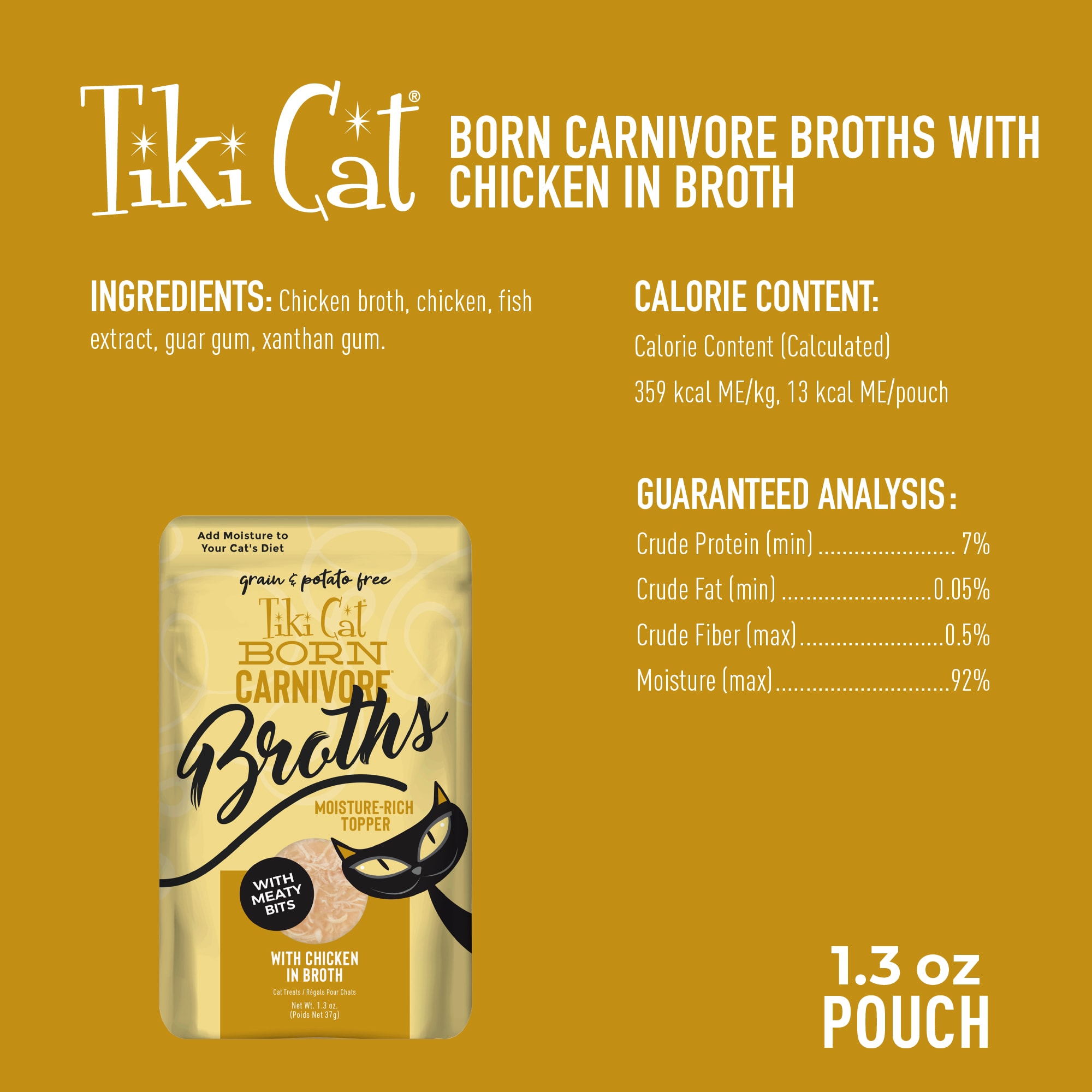 Tiki Cat Savory Broth with Meaty Bits Chicken Flavored Cat Treats， 1.3 oz.， Case of 12