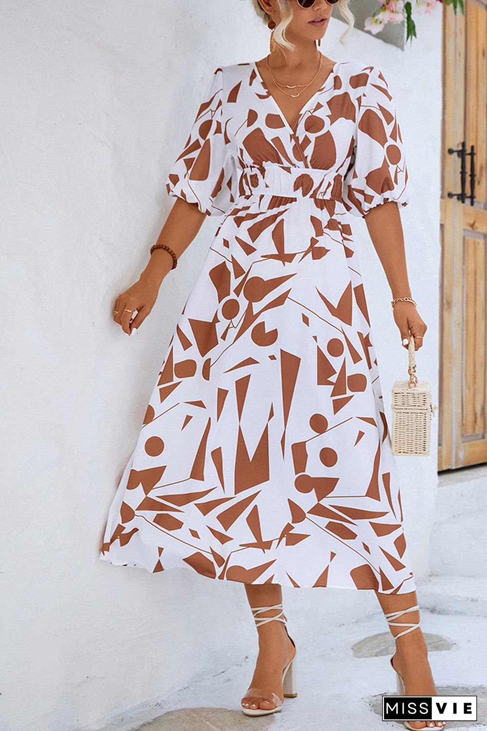 Wrap V Neck Geometric Print Bubble Sleeves Maxi Dress