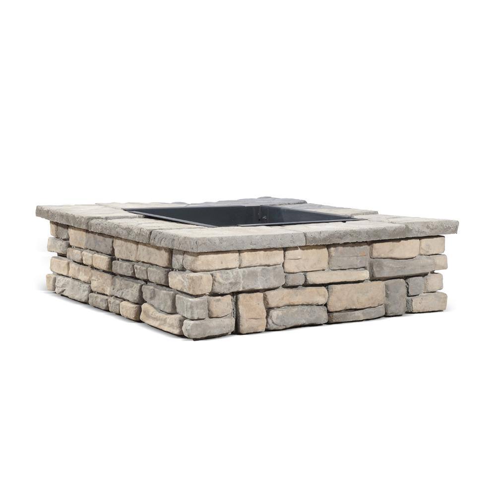 Natural Concrete Products Co 28 in. x 14 in. Steel Wood Random Stone Limestone Square Fire Pit Kit RLSSFP