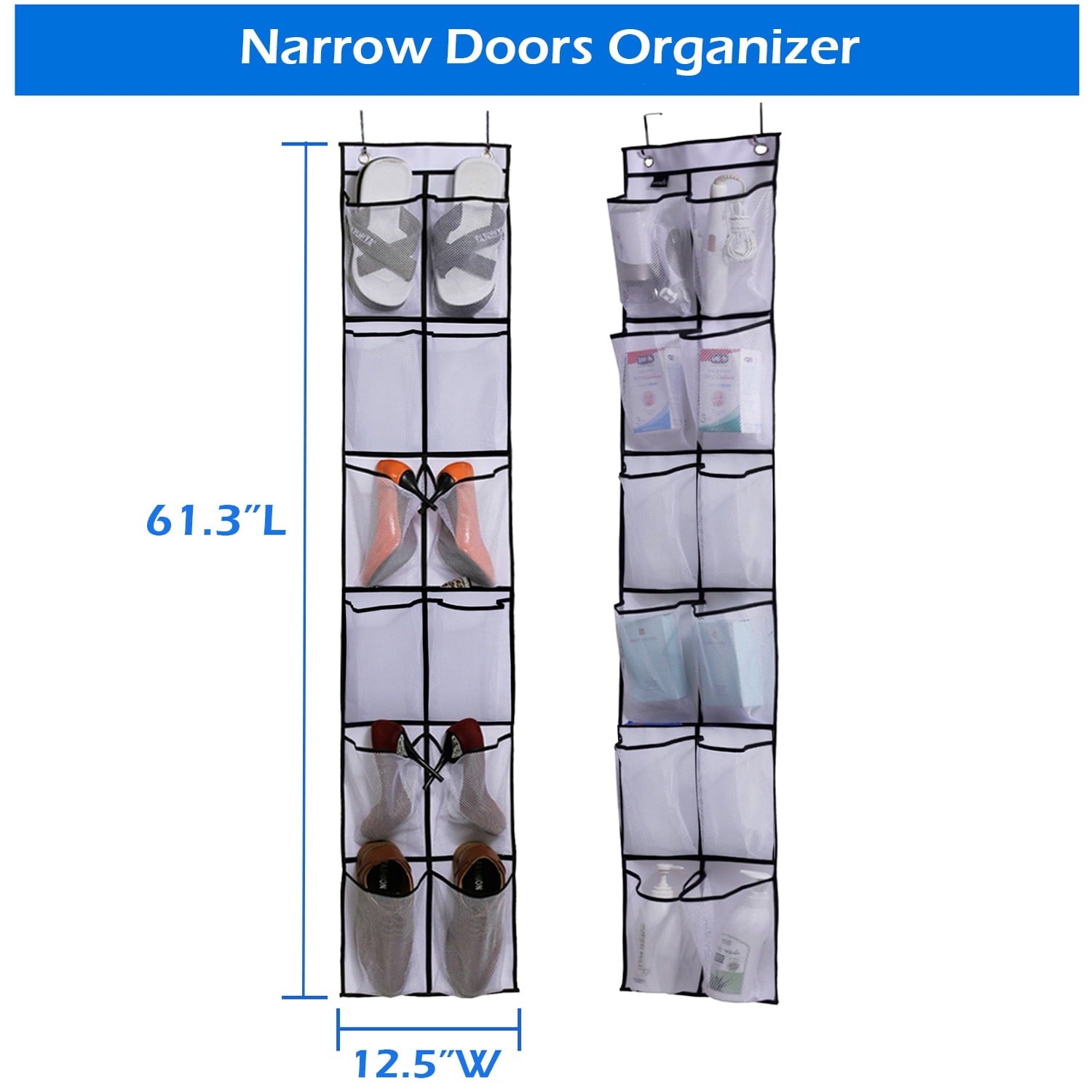 MISSLO 12 Mesh Pockets Over The Door Shoe Organizer Hanging Narrow Closet Door Shoe Rack for Pantry Storage Holder， 2 Packs， White