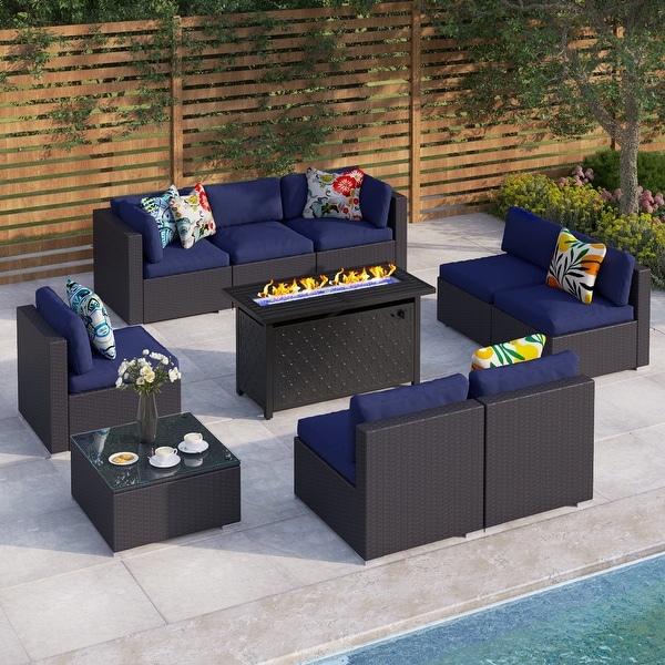 8Seater Fire Pit Table Rattan Sectional Sofa Set