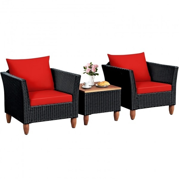 3 Pcs Outdoor Patio Rattan Furniture Set Wooden Table Top Cushioned Sofa