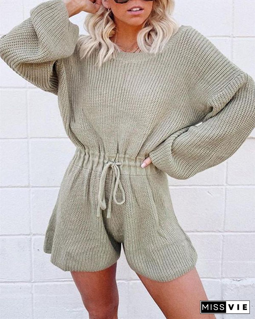 Sweater knitted loose round neck sweater lantern sleeve jumpsuit