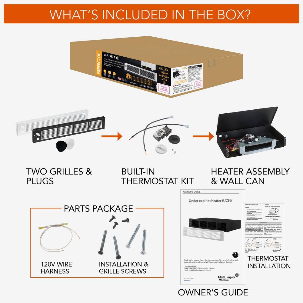 Cadet 120240-volt 45090013501800-watt Under-cabinet Fan-forced Electric Heater with Built-in Thermostat Kit UCH183T