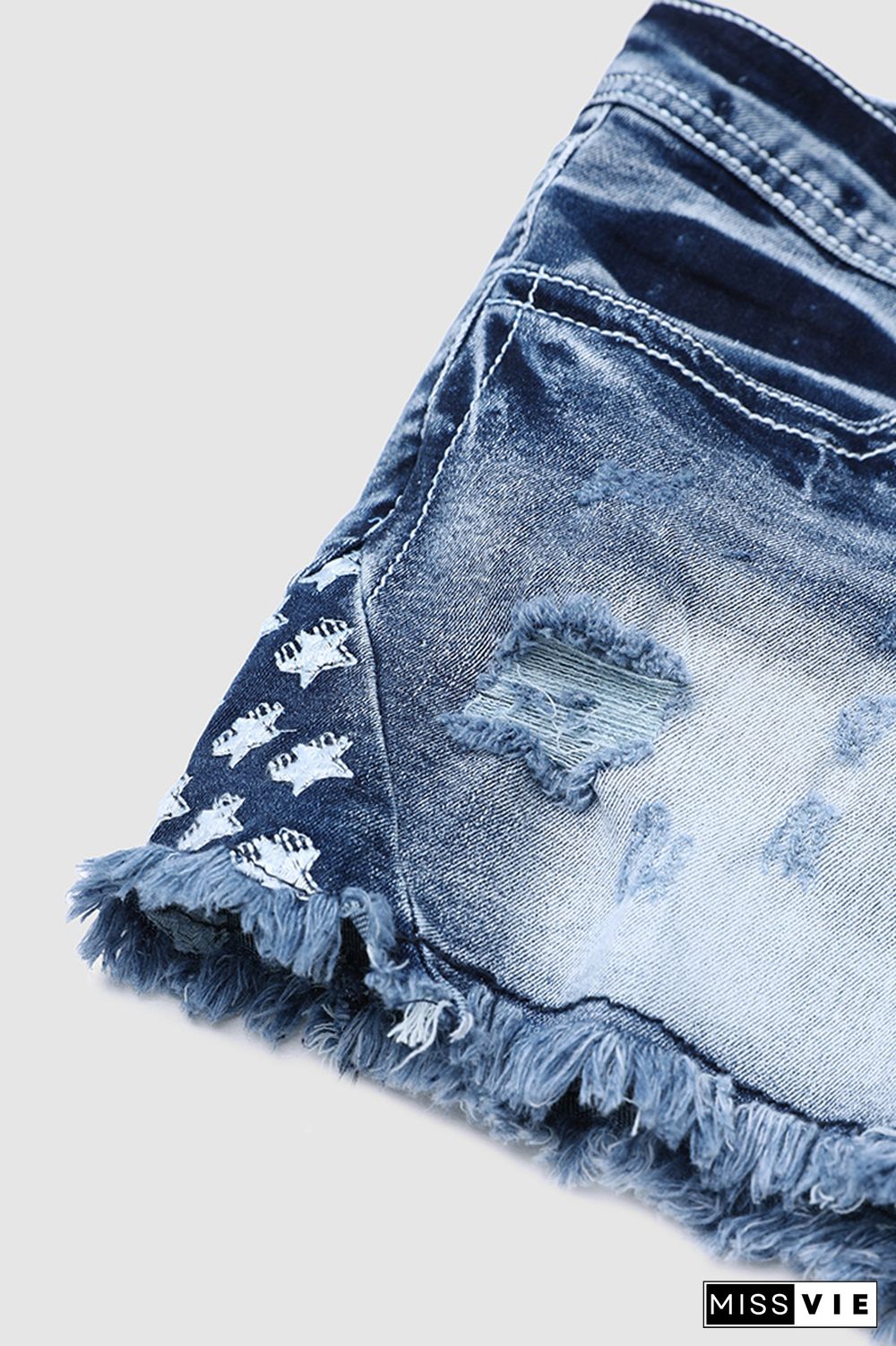 Star & Striped Embroidered Ripped Raw Hem Denim Shorts