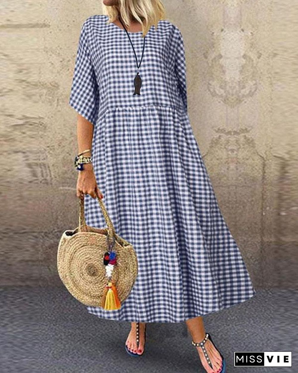 Round Neck Plaid Loose Casual Dress