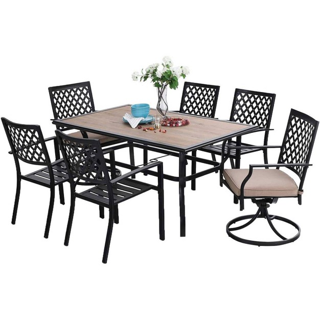 7pc Metal Patio Dining Set With Rectangular Umbrella Table amp 6 Swivel Chairs Captiva Designs