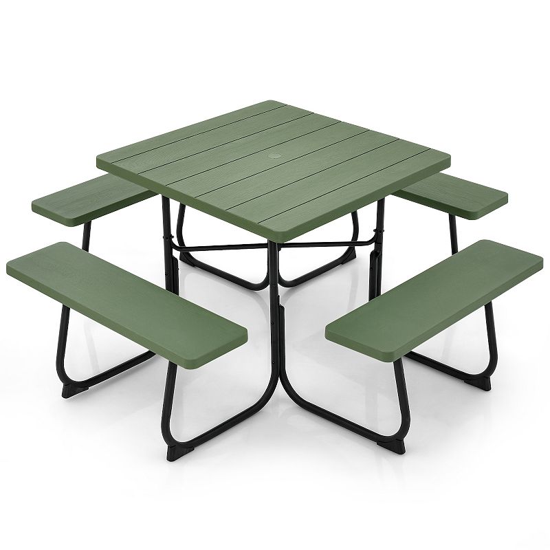 Outdoor Picnic Table With 4 Benches And Umbrella Hole