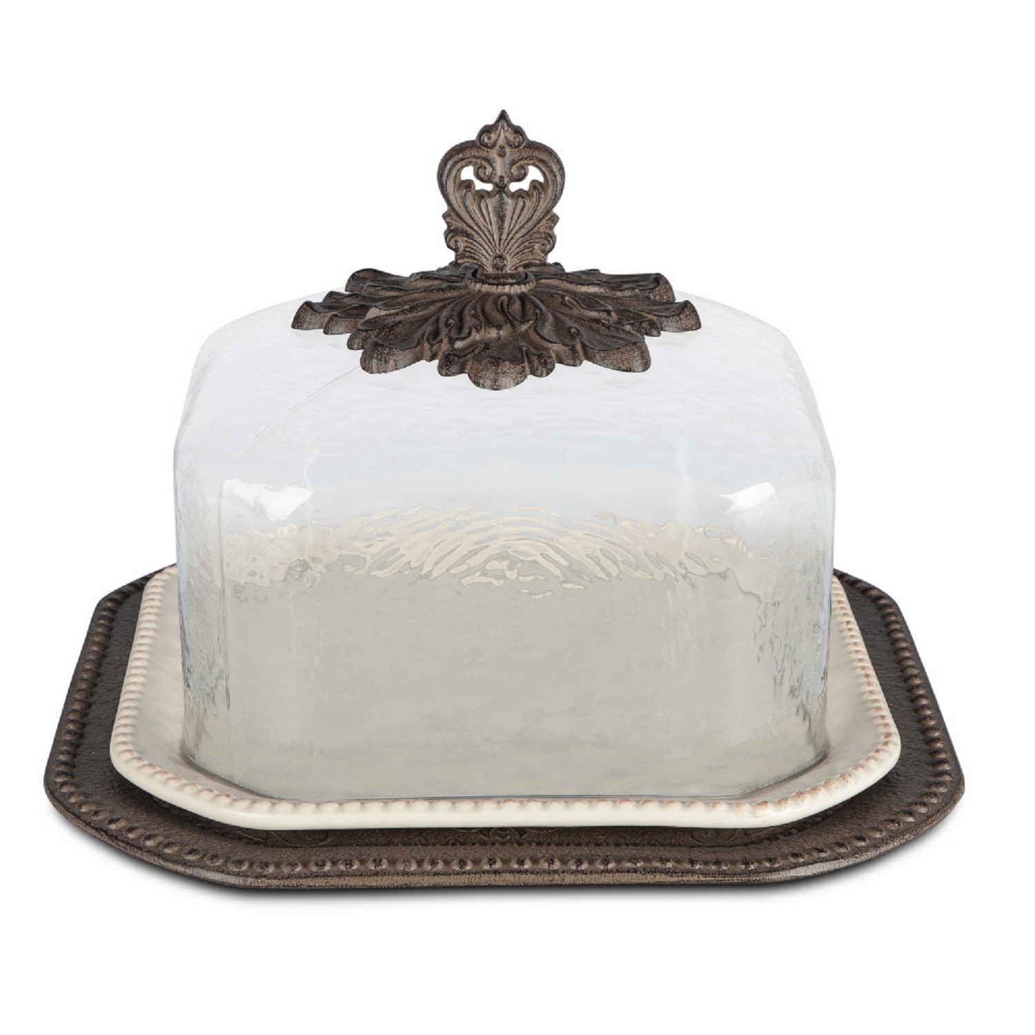 Gerson 17-Inch Cream Ceramic Pastry Keeper With Glass Dome and Acanthus Leaf Metal Base