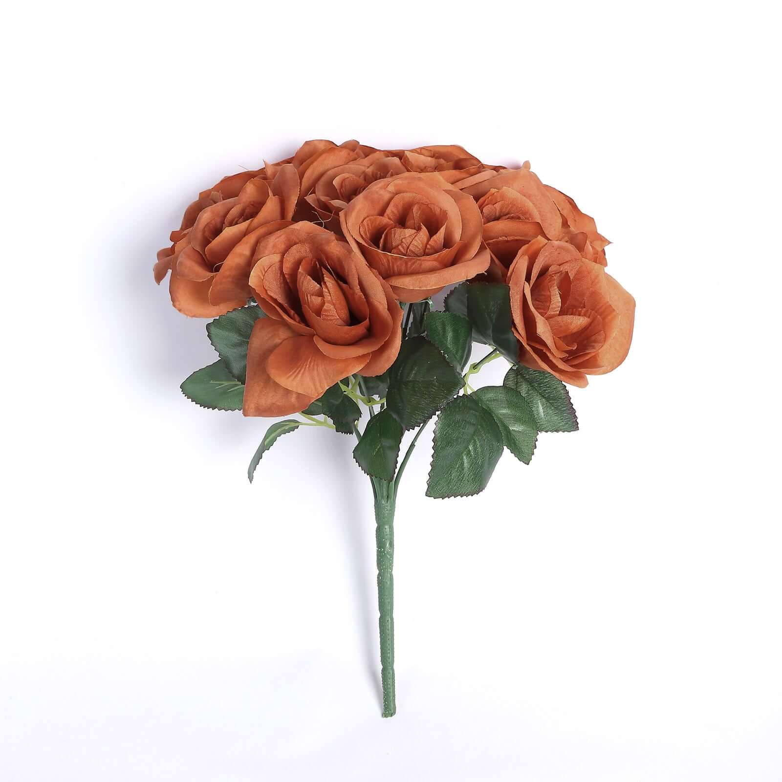 Terracotta (Rust) Artificial Velvet-Like Fabric Rose Flower Bouquet Bush 12