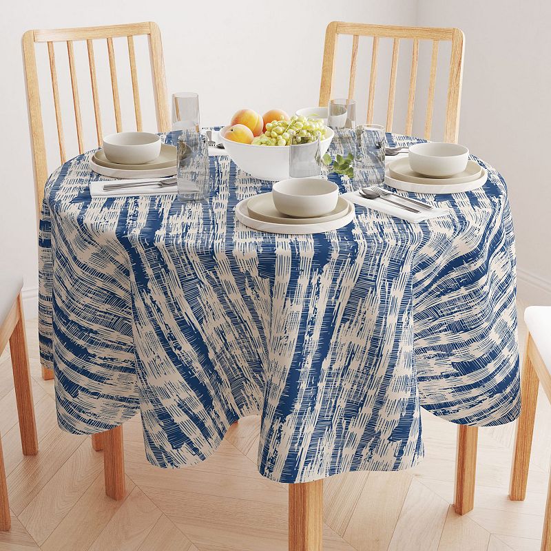 Round Tablecloth， 100% Polyester， 70 Round， Blue Batik Stripe