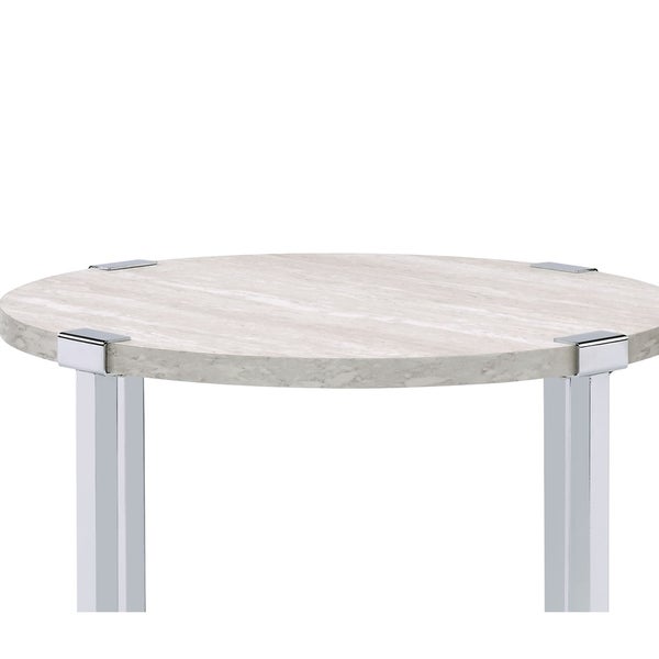 End Table with X Shaped Metal Base and Round Wooden Top，Silver and Beige