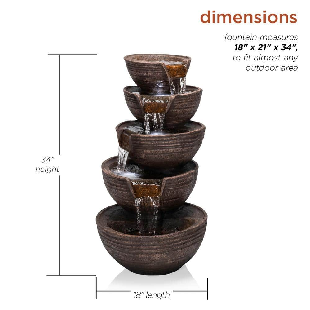 Alpine Corporation 34 in. Tall Outdoor 5-Tier Modern Bowl Cascading Waterfall Fountain with LED Lights TZL101