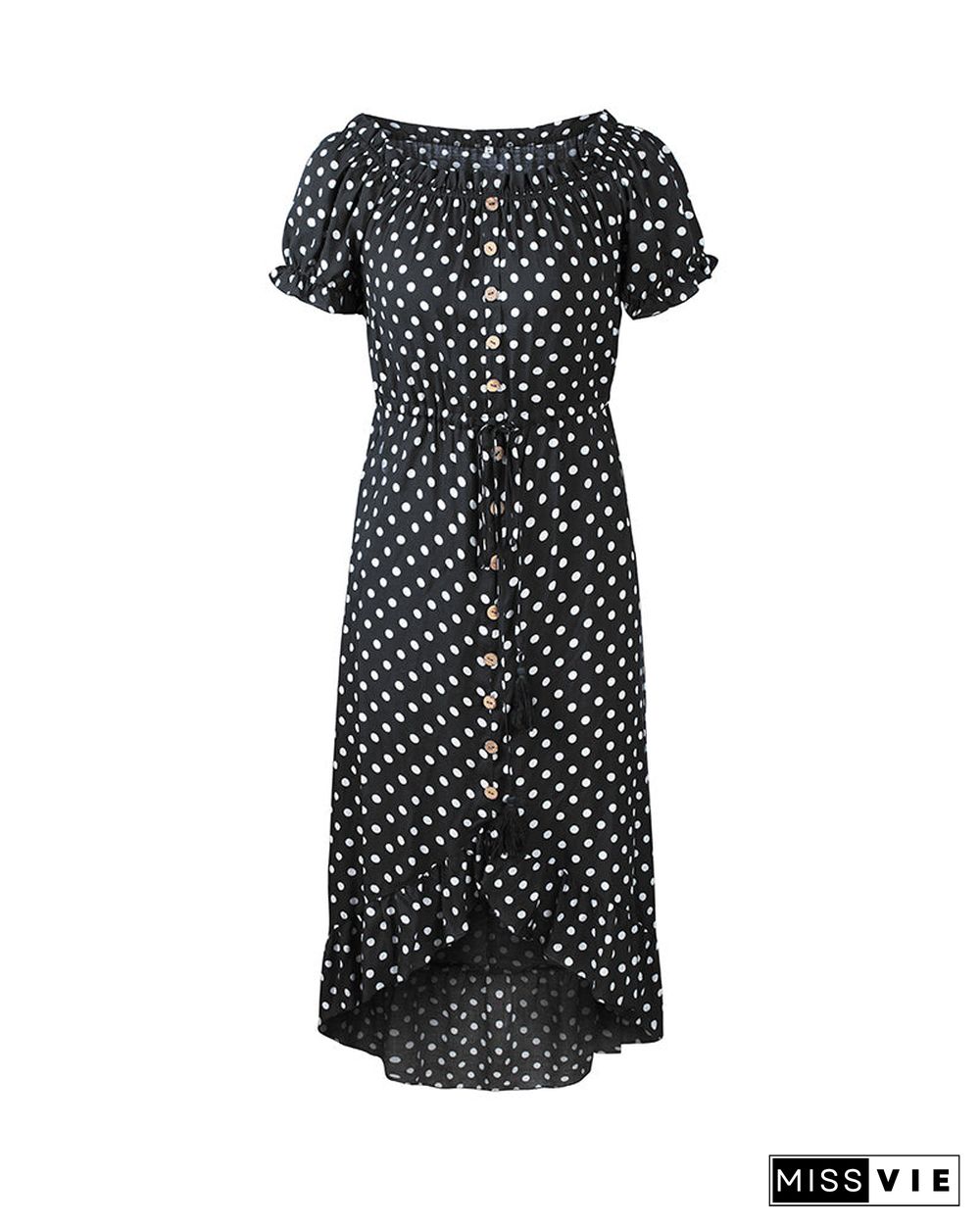 Off Shoulder Polka Dot Button Down Maxi Dress